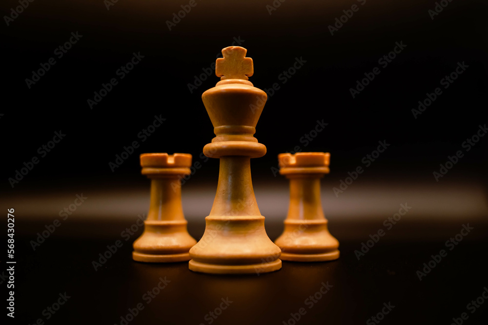 White king chess and rocks behind protection with black background wood material White king chess and rocks behind protection with black background wood material