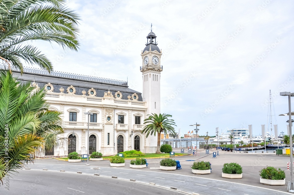 Historic clock building in the port of Valencia.
Valencia, Spain, Europe.
