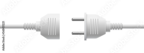 Electric socket with a plug. Connection and disconnection concept. Electric plug and outlet socket unplugged. White wire, cable of energy disconnect  – vector
