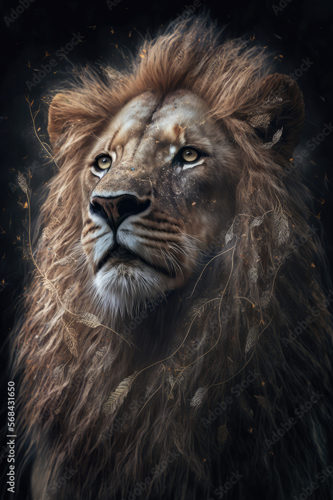Closeup portrait of lion's face isolated on dark