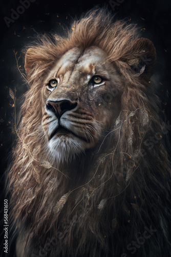 Closeup portrait of lion s face isolated on dark