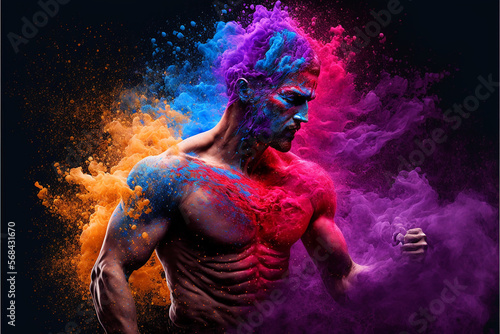 homem atlético em ensaio com explosão de cores, musculos e cores  photo
