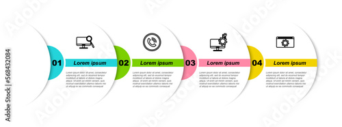 Set line Computer monitor diagnostics, Phone call, service and Setting. Business infographic template. Vector