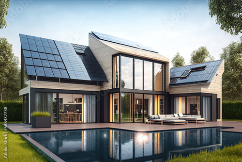 Modern house with solar panels and pool