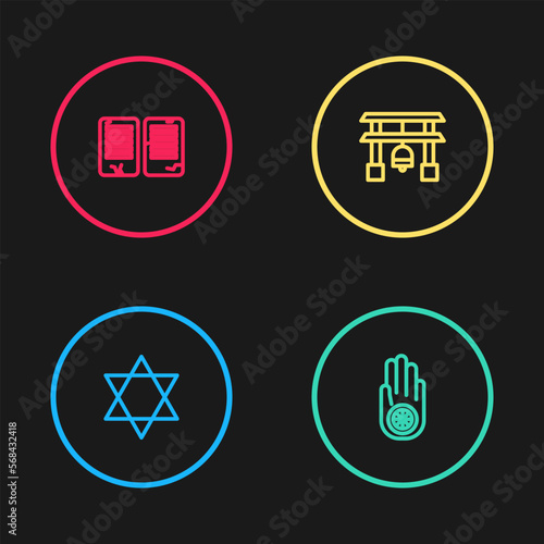 Set line Star of David, Jainism or Jain Dharma, Japan Gate and The commandments icon. Vector