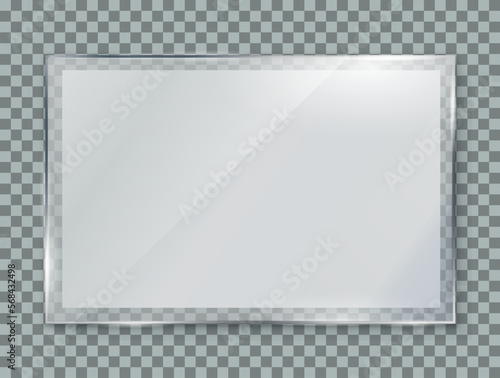 Glass plate with paper sheet on transparent background, clear glass showcase, realistic window mockup, acrylic and glass texture with glares and light, realistic transparent glass in rectangle frame