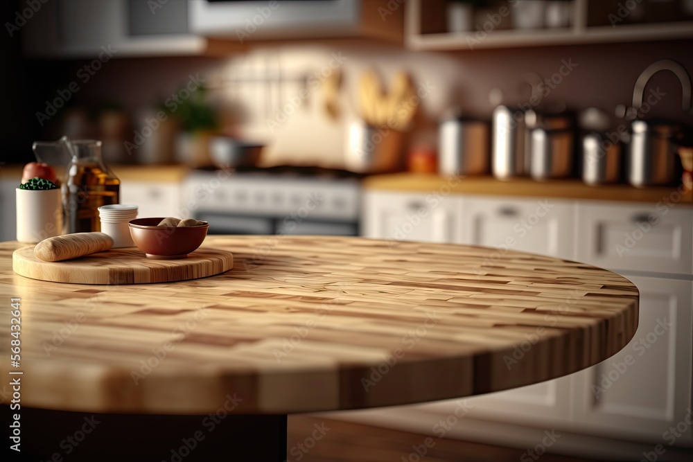 Light Wood Table on Blurred Kitchen Background, Modern Wooden Table Mockup for Montage Product Display, Generative AI Illustration