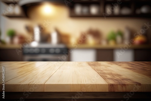 Light Wood Table on Blurred Kitchen Background, Modern Wooden Table Mockup for Montage Product Display, Generative AI Illustration