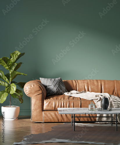3d interior of a light green contemporary style interior living room with a vintage camel leather sofa, a ficus lyrata and a cowskin carpet, a Mock up poster frame theme. photo