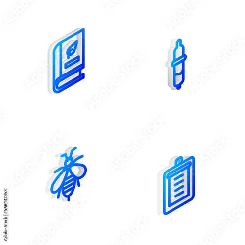Set Isometric line Pipette, Medical book, Bee and Clipboard with checklist icon. Vector © vector_v