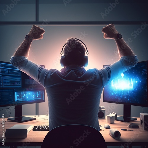 a man wearing headphones and raising his arms in front of computer monitors