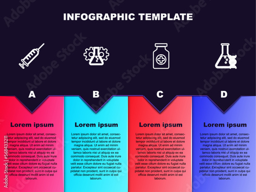 Set line Syringe, Bioengineering, Medicine bottle and DNA research, search. Business infographic template. Vector