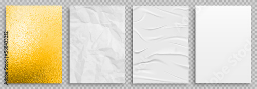 Set 3d realistic textures gold fabric, silver foil, white crumpled paper with shadows – stock vector