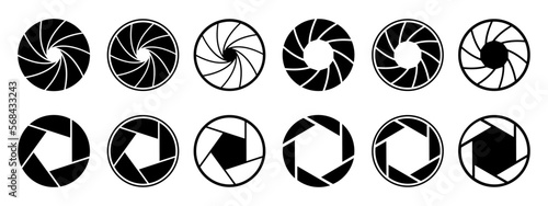 Set photo camera lens diaphragm. Photo lenses aperture, cameras shutter silhouette icon and shutter apertures pictogram. Lomography film lens or snap optics objective lenses - vector