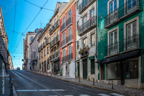 Narrow streets, old houses in the old town of Bairro Alto, no balconies and shops, in the capital Lisbon in Portugal, Europe