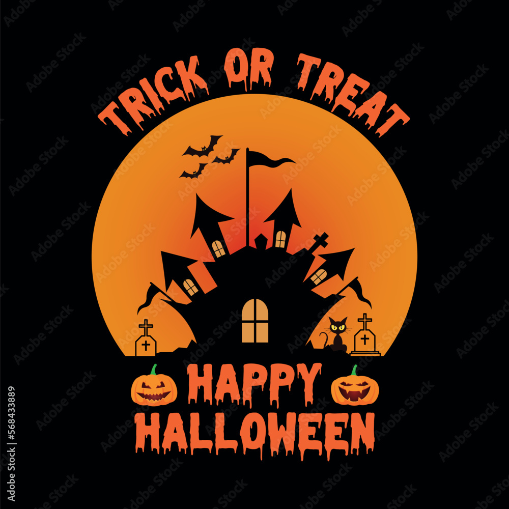 Happy Halloween Party T-shirt with Ghost House. Free vector happy Halloween celebration with night and scary castle. 