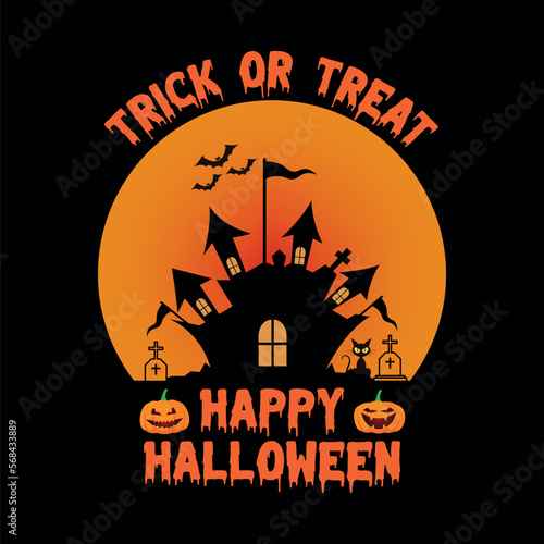 Happy Halloween Party T-shirt with Ghost House. Free vector happy Halloween celebration with night and scary castle. 