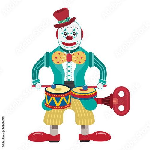 Clown Drummer Wind Up Tin Toy amusement park cartoon concept. Toys for Toddlers Kids Children style vintage vector illustration