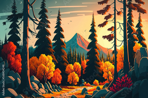 Autumn amid a bright, panoramic forest of spruces. Generative AI