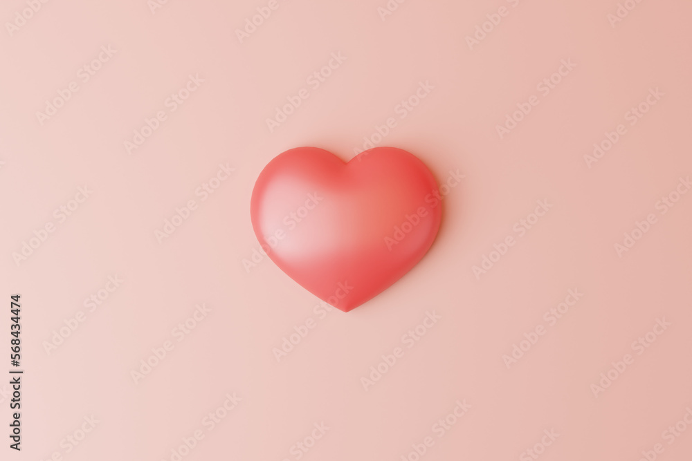 Red heart on a pastel pink background with copy space. Heart and love icon. Valentine's day. Top view. 3d render illustration