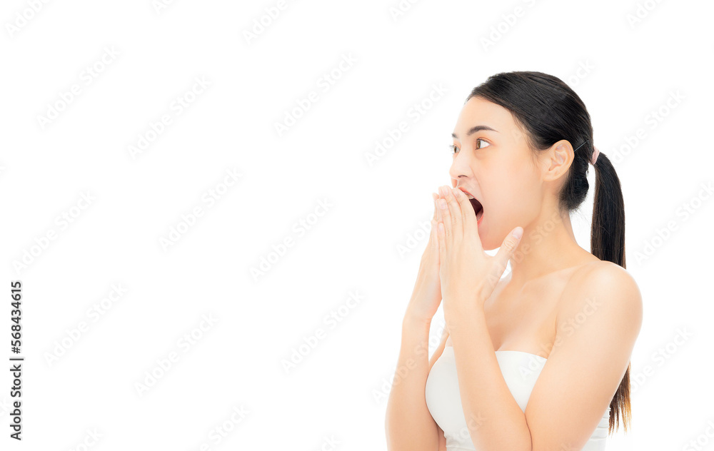 Surprised happy beauty asian woman look to copy space in excitement with shout and wow face Expressive facial expressions Beautiful girl act like a satisfied product Isolated on white background Surprised happy beauty asian woman look to copy space in excitement with shout and wow face Expressive facial expressions Beautiful girl act like a satisfied product Isolated on white background