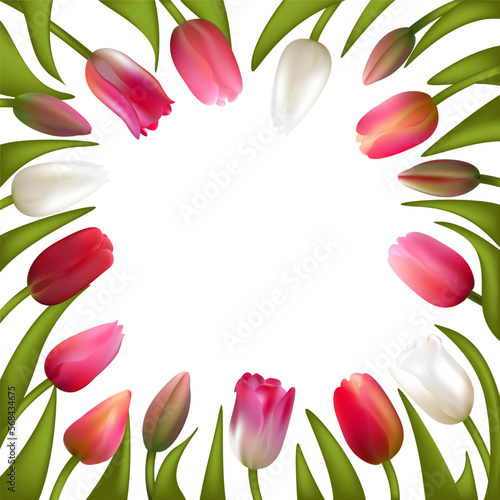 Fototapeta Naklejka Na Ścianę i Meble -  Spring flowers. Floral background. Tulips. Beautiful illustration. Red. Pink. Green leaves. Border. Bouquet. March 8.