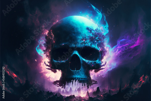 Galaxy space skull in smoke flames, Generative AI