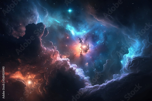 Big Panoramic View of Colorful Dark Blue Nebula in Space with Bright Shining Stars, Galaxy, and Deep Universe - Generated by AI © Diyanart