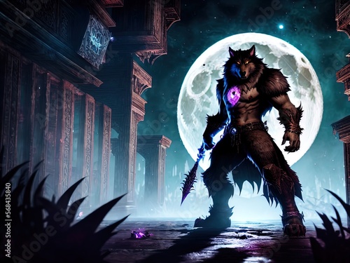 A savage werewolf  stands under a full moon.  © ECrafts