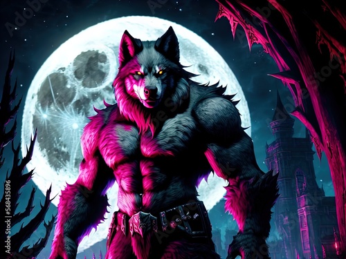 A savage werewolf  stands under a full moon.  photo