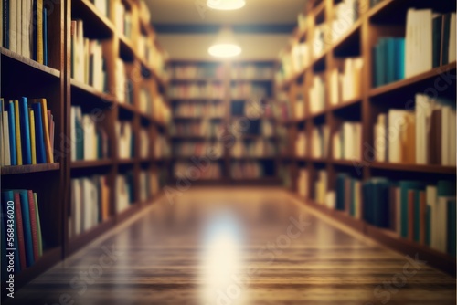 Abstract blurred empty college library interior space. Blurry classroom with bookshelves by defocused effect generative ai background for a backdrop in book shop business or education purposes 