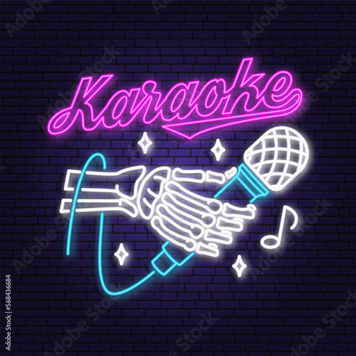 Karaoke neon poster, banner. Neon sign, emblem, bright signboard, light banner with skeleton hand and microphone. Vector illustration. Advertising bright neon karaoke for night club. Design template