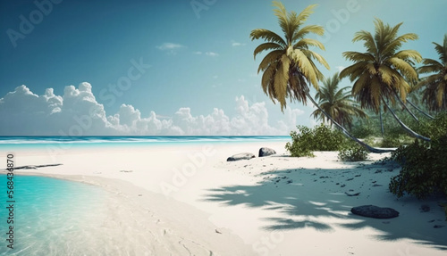 realistic landscape, white beach with calm sea, high bright sun. Generative AI
