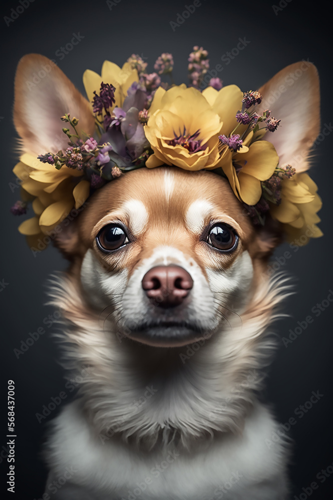 Cute a chihuahua dog in a flower wreath on his head, on a black background, isolated.