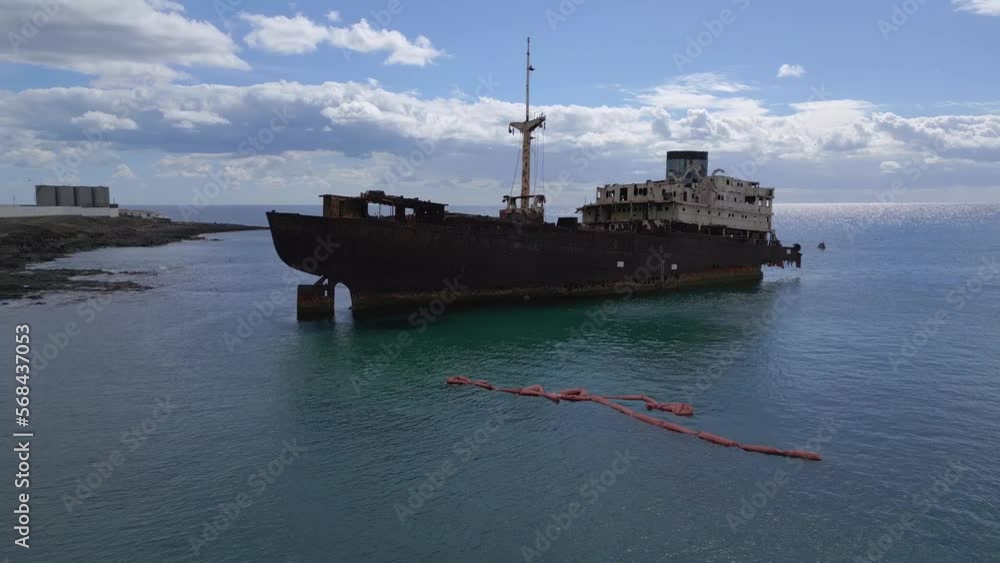 Shipwreck Natural disaster, crude oil spill. Beautiful aerial view flight drone Shipwreck Natural disaster, crude oil spill. Beautiful aerial view flight drone