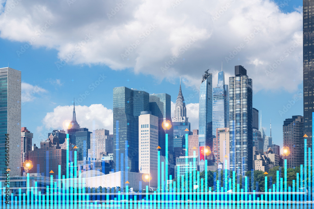 Skyscrapers Cityscape Downtown View, New York Skyline Buildings. Beautiful Real Estate. Day time. Forex Financial graph and chart hologram. Business education concept. Skyscrapers Cityscape Downtown View, New York Skyline Buildings. Beautiful Real Estate. Day time. Forex Financial graph and chart hologram. Business education concept.