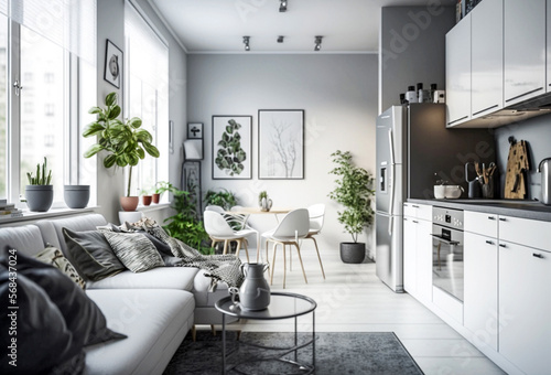 Cozy  spacious apartment in light colors. Generative AI  