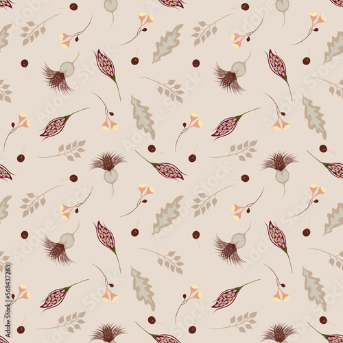 Trendy vector abstract floral seamless pattern in scandinavian style. Modern doodle painting. Texture with berries, autumn fruits,flowers, organic shapesdark color on a  beige background