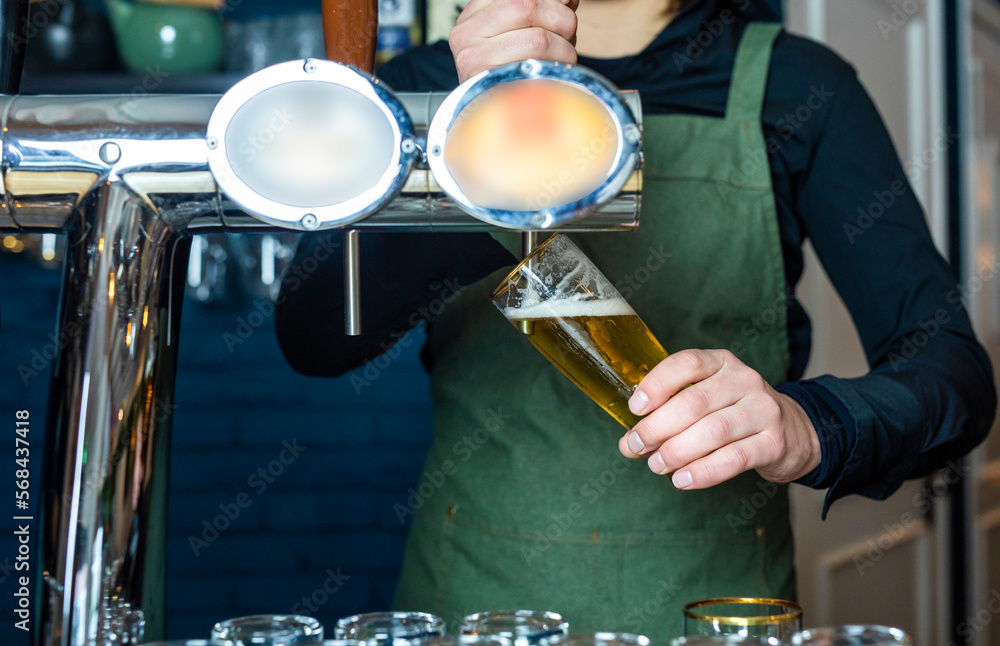 Female bartender tapping beer in bar, pouring from tap into the glass.  Stock Photo | Adobe Stock