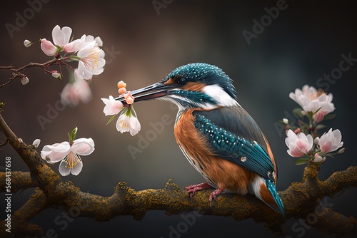 close up cute Kingfisher bird in warm spring time on cherry blossom tree branch, idea for romantic lovely animal background, Generative Ai © QuietWord
