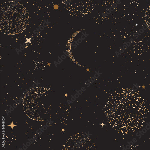 star constellation seamless pattern moon cosmic graphic, galaxy astronomy esoteric derk design, universe magic design golden art