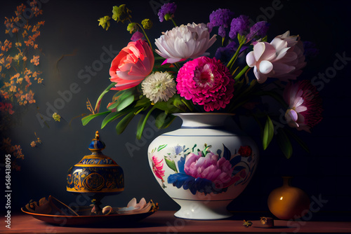  A still life of flowers.  Generative AI. © EwaStudio