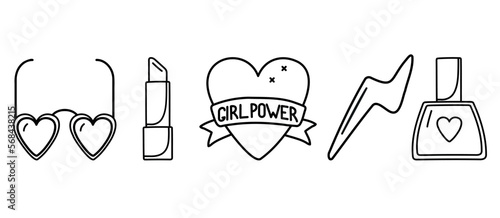 Single hand drawn element of nail varnish, lipstick, glasses. Elements for greeting cards, posters, stickers and seasonal design. 