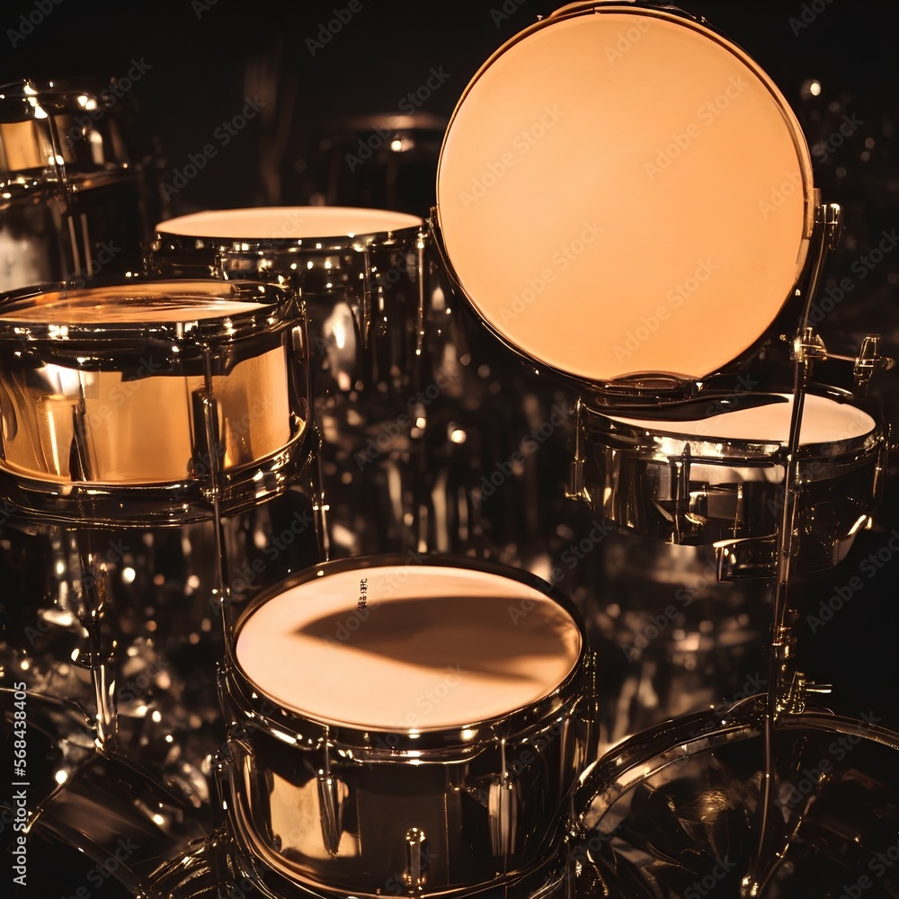 Obraz premium Snare drum, percussion instrument on a dark background with stage lighting - generative ai