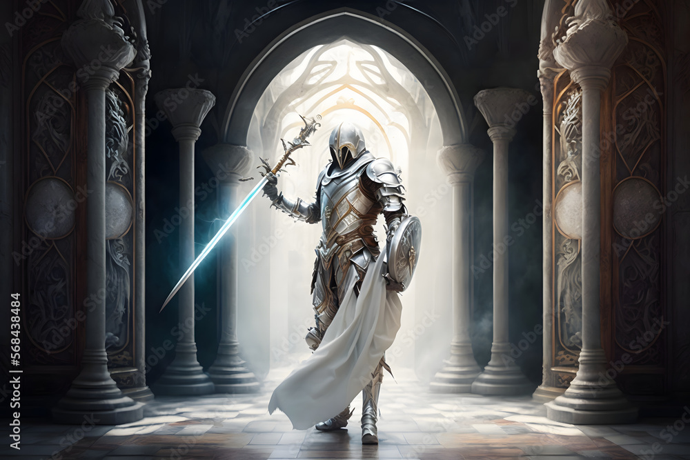 White Ancient Magic Knight in a Temple, Fantasy Background