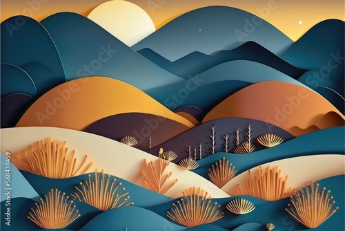 nature Landscape Paper Cut style with rounded Curved shapes and gradients generative ai abstract geometric lines pattern background