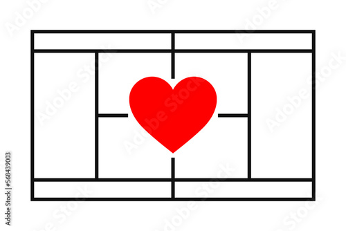 Set top view silhouette tennis court with heart, exact proportions. Isolated vector illustration.