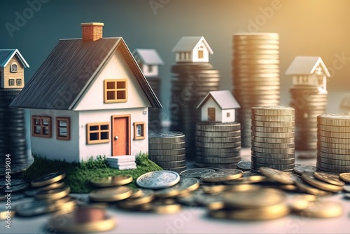 many houses with a lot of coin stack, idea for property investment, income , tax, and passive income,  photo