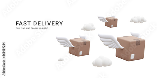 3d realistic flying cardboard boxes with wings in the clouds. Fast delivery service concept in cartoon style. Vector illustration