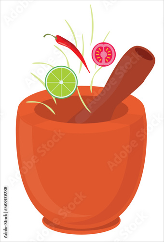 Papaya salad in a mortar with papaya sliced, red chilli, tomato and lemon on white background.